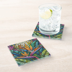 Tropical Bird of Paradise Stained glass art Glass Coaster