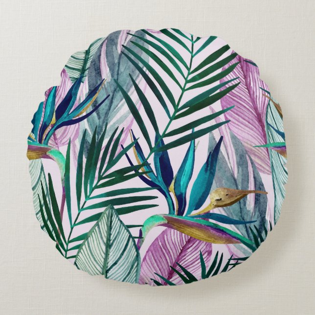 Tropical bird-of-paradise, watercolor pattern round cushion (Front)