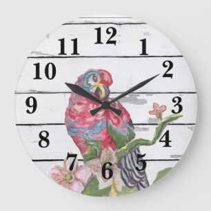Tropical Bird Painting Shiplap Rustic Decor Large Clock