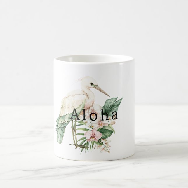 Tropical Bird Pink Orchid Flowers Aloha Coffee Mug (Center)