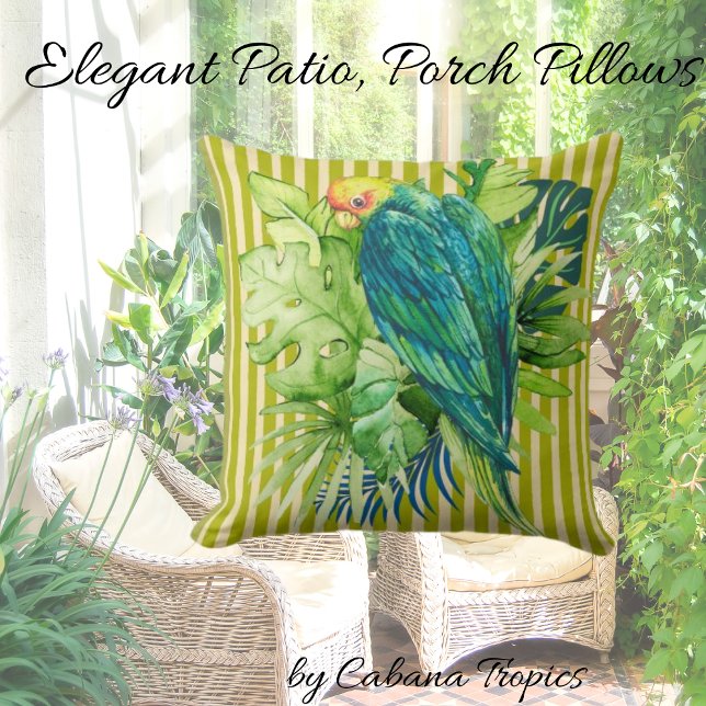 Tropical Bird Tropical Leaves Lemon Lime Stripes Cushion (Creator Uploaded)