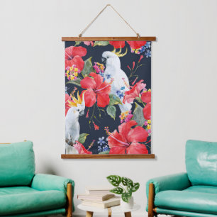 Tropical Bird Watercolor Red Hibiscus Flower  Hanging Tapestry