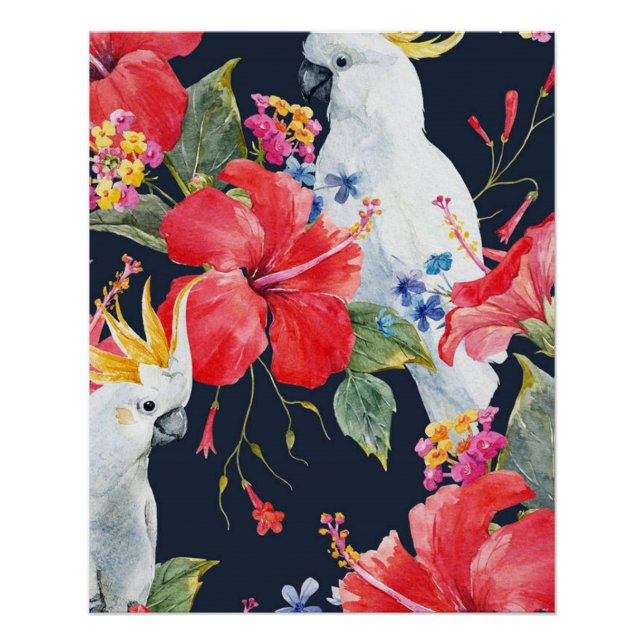 Tropical Bird Watercolor Red Hibiscus Flower  Poster (Front)