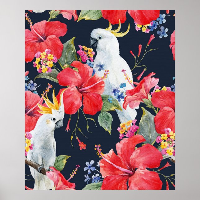 Tropical Bird Watercolor Red Hibiscus Flower  Poster (Front)