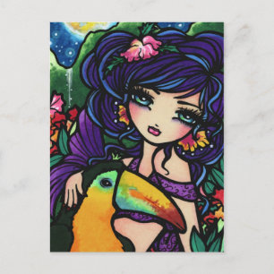Tropical Bird Waterfall  Mermaid Fantasy Art Girl Postcard