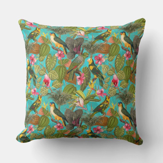 Tropical birds and flowers in Jungle pattern -teal Cushion (Front)
