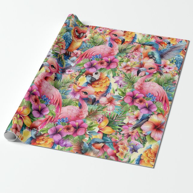 Tropical Birds and Flowers Wrapping Paper (Unrolled)