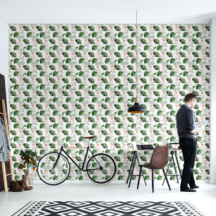 Tropical Birds and Leaves Pink and green Wallpaper