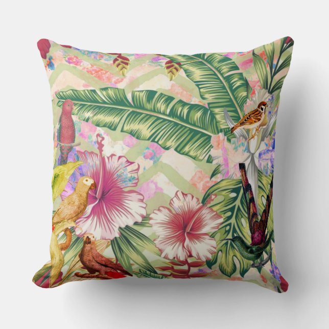 Tropical Birds & Background Throw Pillow (Front)