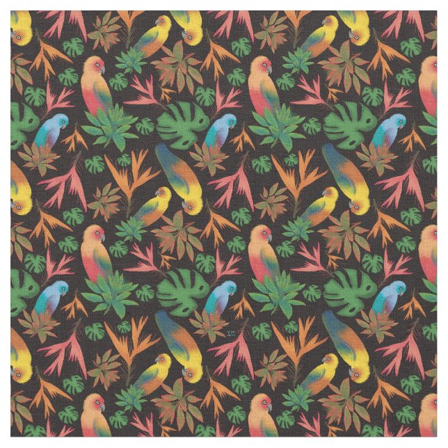 Tropical Birds Black Floral Pattern Fabric (Close Up)