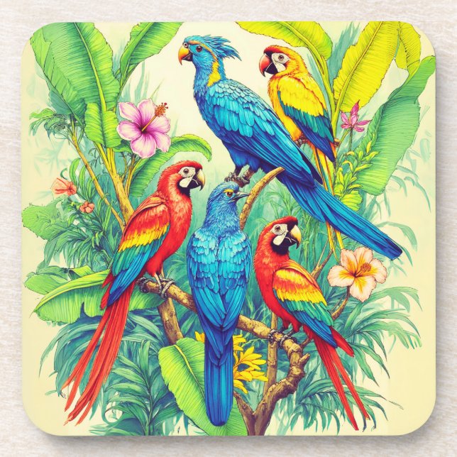 Tropical Birds Botanical Illustration Coaster (Front)