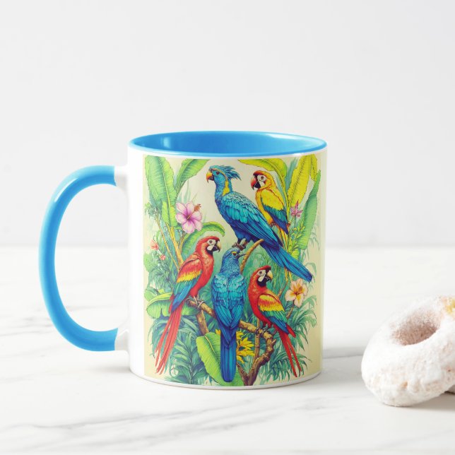 Tropical Birds Botanical Illustration Mug (With Donut)