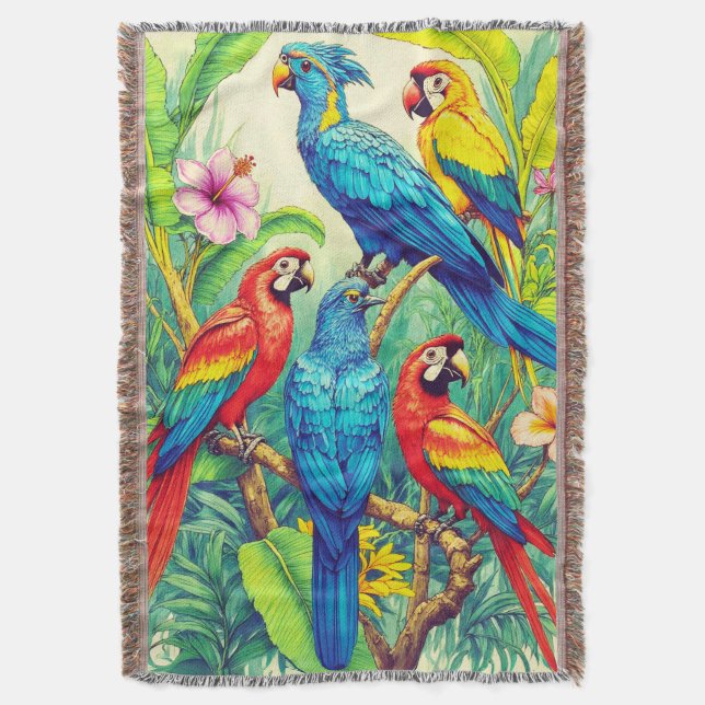 Tropical Birds Botanical Illustration Throw Blanket (Front Vertical)