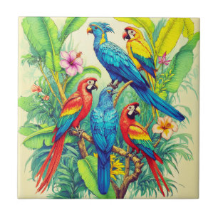 Tropical Birds Botanical Illustration Tile