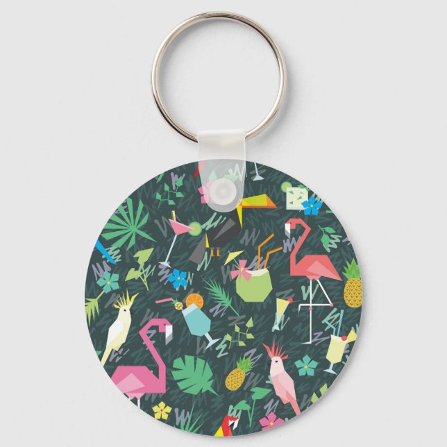 Tropical Birds Drinks: Vibrant Seamless. Key Ring (Front)