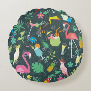 Tropical Birds Drinks: Vibrant Seamless. Round Cushion