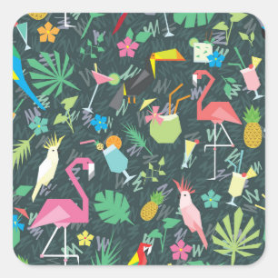 Tropical Birds Drinks: Vibrant Seamless. Square Sticker