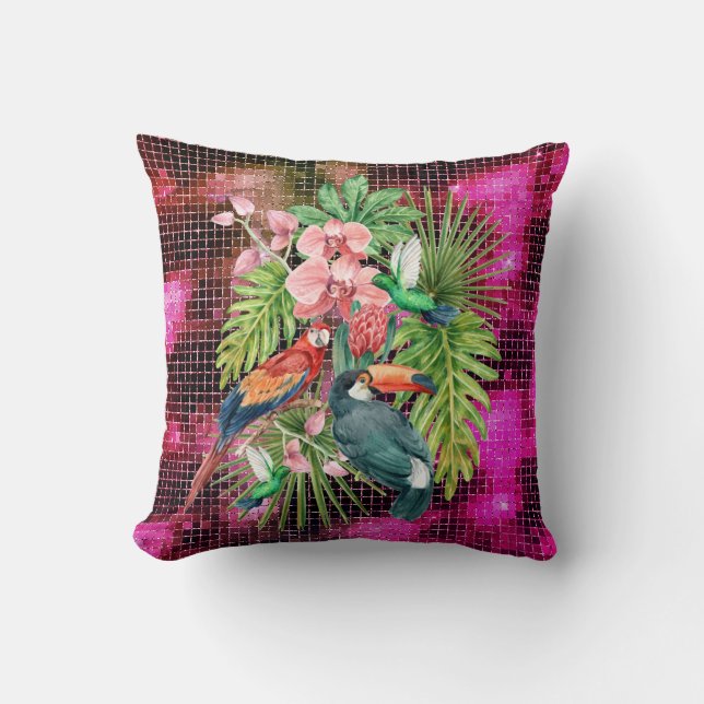 Tropical birds exotic flowers double-sided glam cushion (Front)