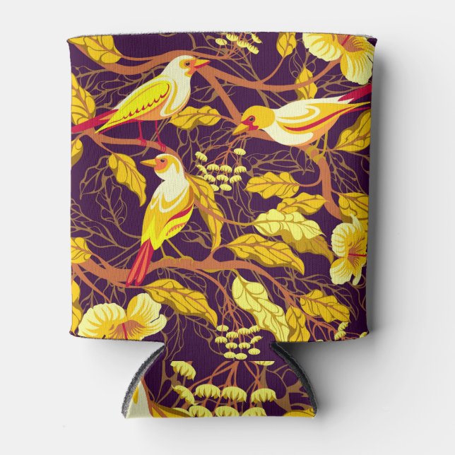 Tropical Birds Exotic Flowers Illustration Can Cooler (Front)