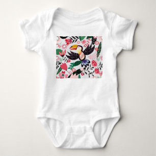 Tropical birds, floral doodle pattern. baby bodysuit
