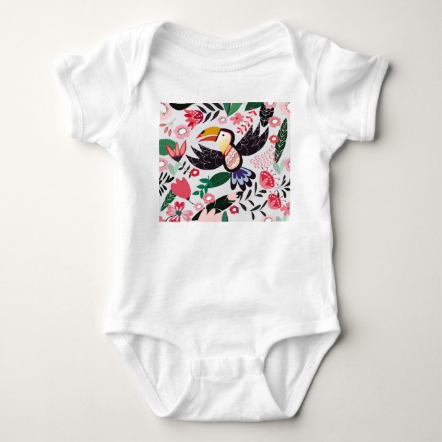 Tropical birds, floral doodle pattern. baby bodysuit (Front)
