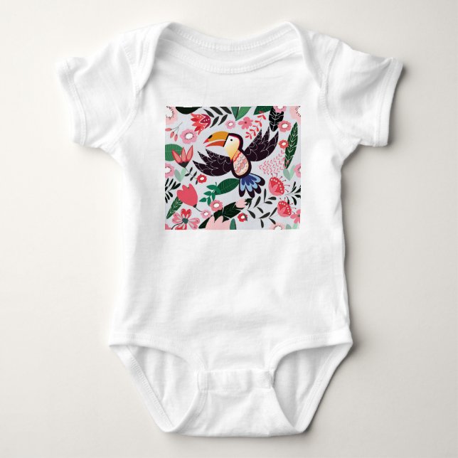 Tropical birds, floral doodle pattern. baby bodysuit (Front)