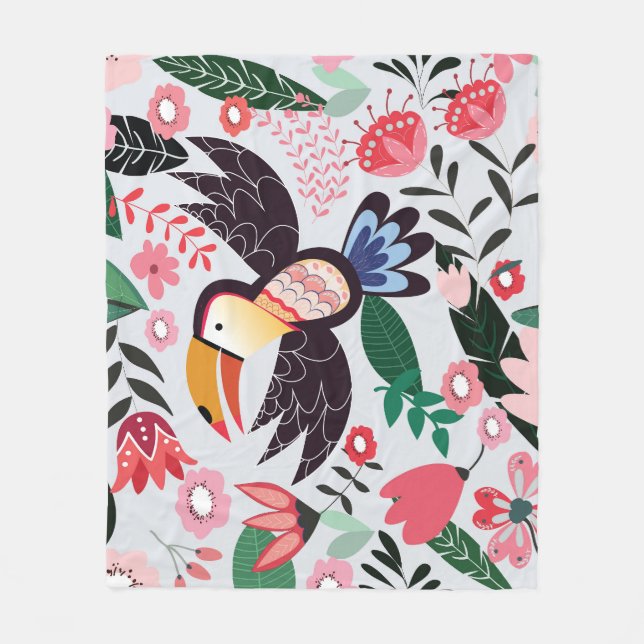 Tropical birds, floral doodle pattern. fleece blanket (Front)