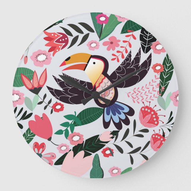 Tropical birds, floral doodle pattern. large clock (Front)