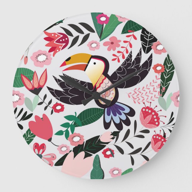 Tropical birds, floral doodle pattern. large clock (Front)