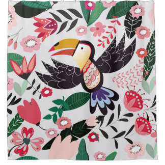 Tropical birds, floral doodle pattern. shower curtain