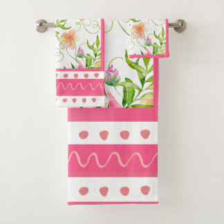 Tropical Birds Flowers Contemporary Pink Shades Bath Towel Set