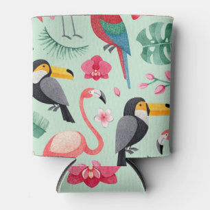 Tropical birds, flowers, watercolor pattern. can cooler