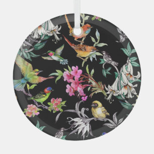 Tropical Birds Flowers: Watercolor Pattern Glass Tree Decoration