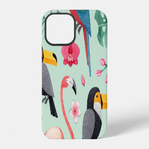 Tropical birds, flowers, watercolor pattern. iPhone 12 case