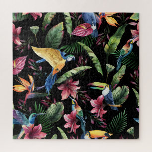 Tropical birds, flowers: watercolor pattern. jigsaw puzzle
