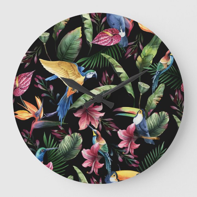 Tropical birds, flowers: watercolor pattern. large clock (Front)