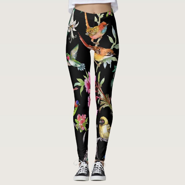 Tropical Birds Flowers: Watercolor Pattern Leggings (Front)