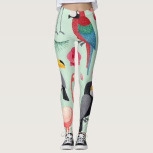 Tropical birds, flowers, watercolor pattern. leggings