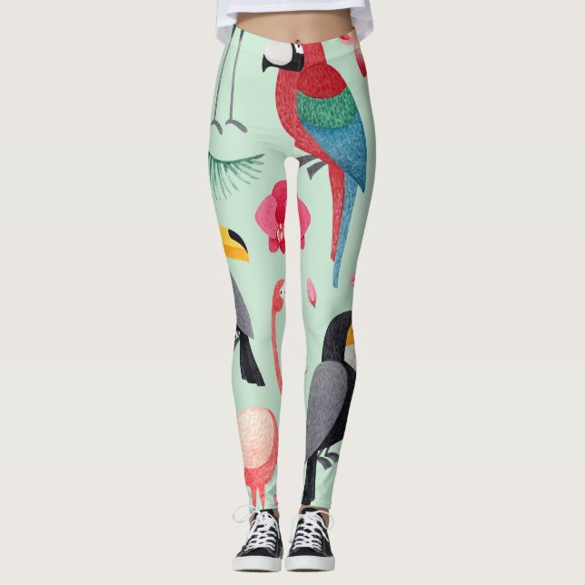 Tropical birds, flowers, watercolor pattern. leggings (Front)