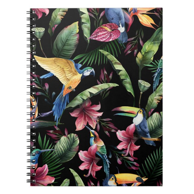 Tropical birds, flowers: watercolor pattern. notebook (Front)