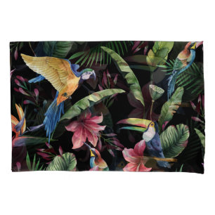 Tropical birds, flowers: watercolor pattern. pillowcase