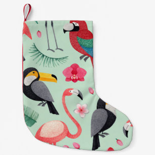 Tropical birds, flowers, watercolor pattern. small christmas stocking
