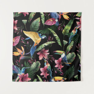 Tropical birds, flowers: watercolor pattern. tapestry