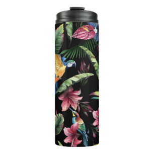 Tropical birds, flowers: watercolor pattern. thermal tumbler