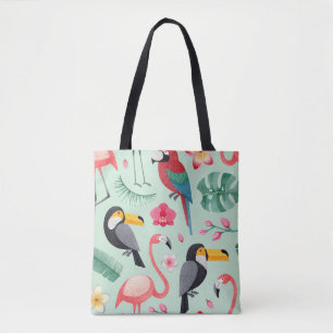 Tropical birds, flowers, watercolor pattern. tote bag