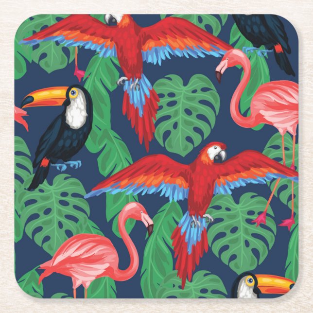 Tropical Birds In Bright Colours Square Paper Coaster (Front)