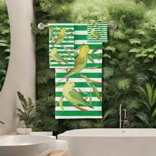 Tropical birds in green white stripes -monogrammed bath towel set