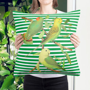 Tropical birds in green white stripes throw pillow