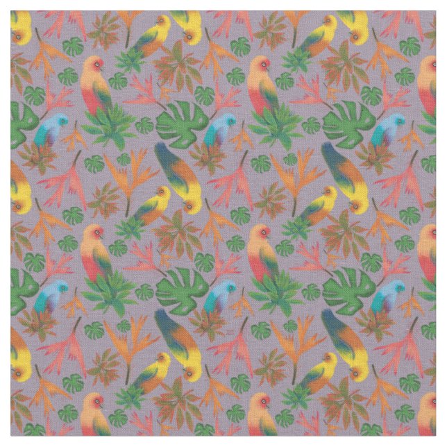 Tropical Birds Lavender Floral Pattern Fabric (Close Up)