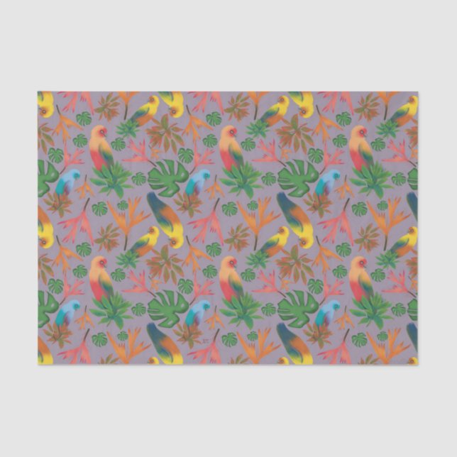 Tropical Birds Lavender Floral Pattern Tissue Paper (Front)